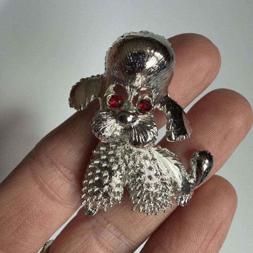 2 Vintage Estate Poodle Dog Brooch Pins Copper And Silver Tone Rhinestone Eyes - Picture 6 of 8